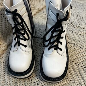 Demonia White Combat Boots with Black Accents